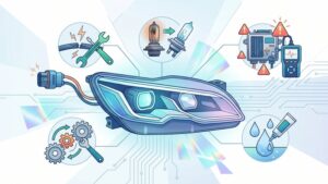 Иллюстрация передней фары автомобиля Peugeot с акцентом на электрические схемы и компоненты оптики