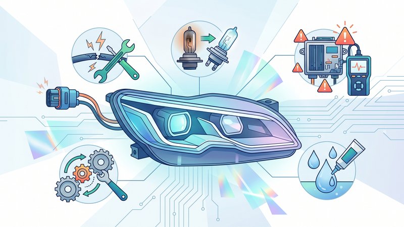 Иллюстрация передней фары автомобиля Peugeot с акцентом на электрические схемы и компоненты оптики
