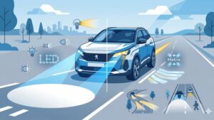 Современная иллюстрация передних фар автомобиля Peugeot с демонстрацией технологий светодиодного и матричного освещения