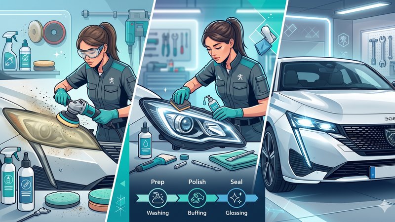 Современная иллюстрация процесса восстановления фар автомобиля Peugeot для статьи о правильном уходе за оптикой
